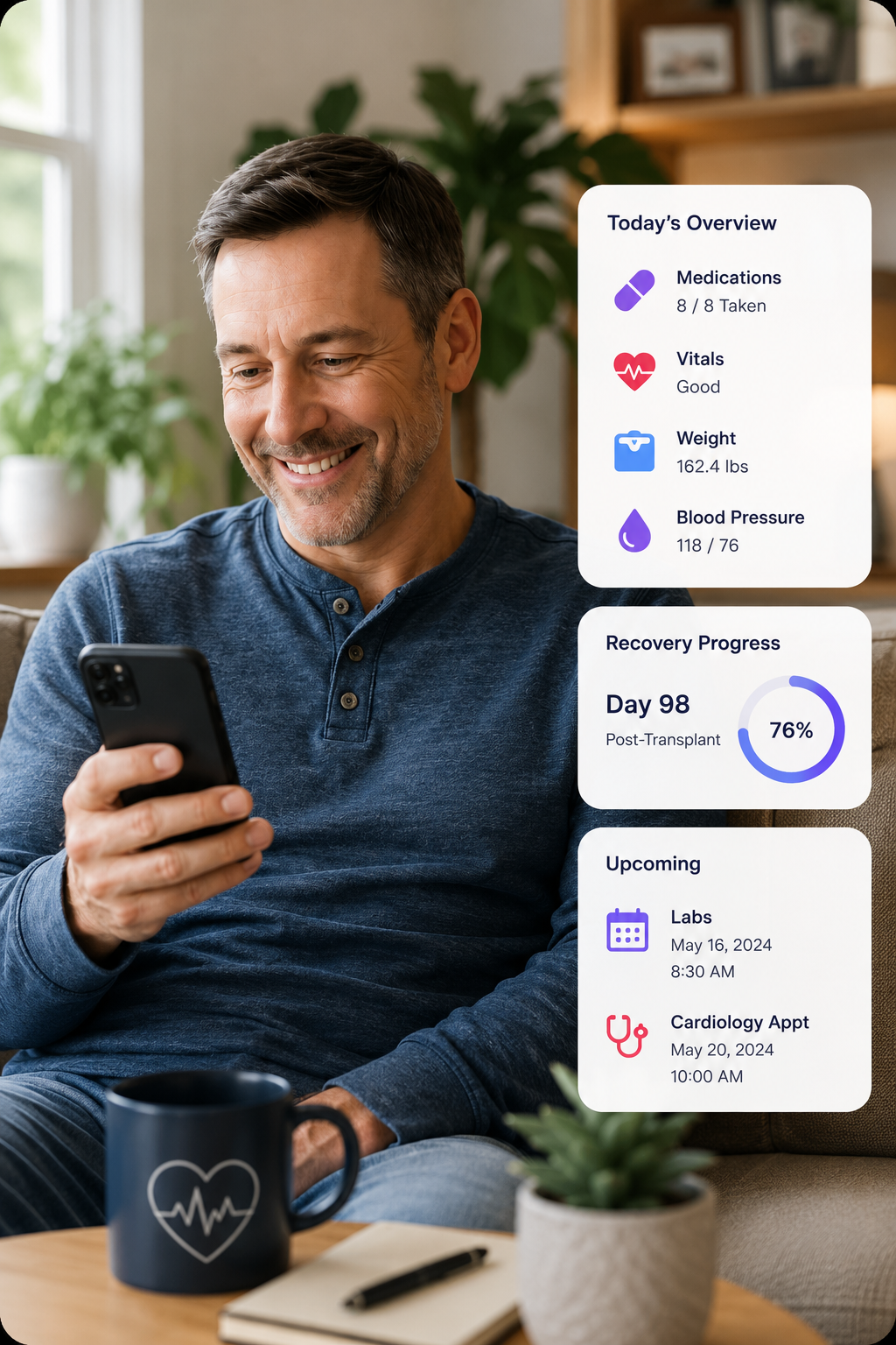 A HeartTraxIQ patient reviewing their health data on a phone at home